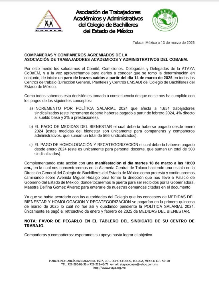 Trabajadores del Cobaem inician paro y preparan manifestación en Toluca