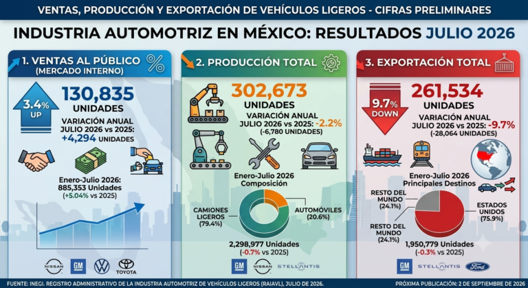 Venta automotriz en México crece 3.4 % en julio; producción y exportación muestran contracción