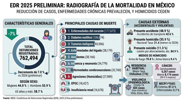 Caen 7% las defunciones en México en 2025; enfermedades del corazón y diabetes siguen a la cabeza